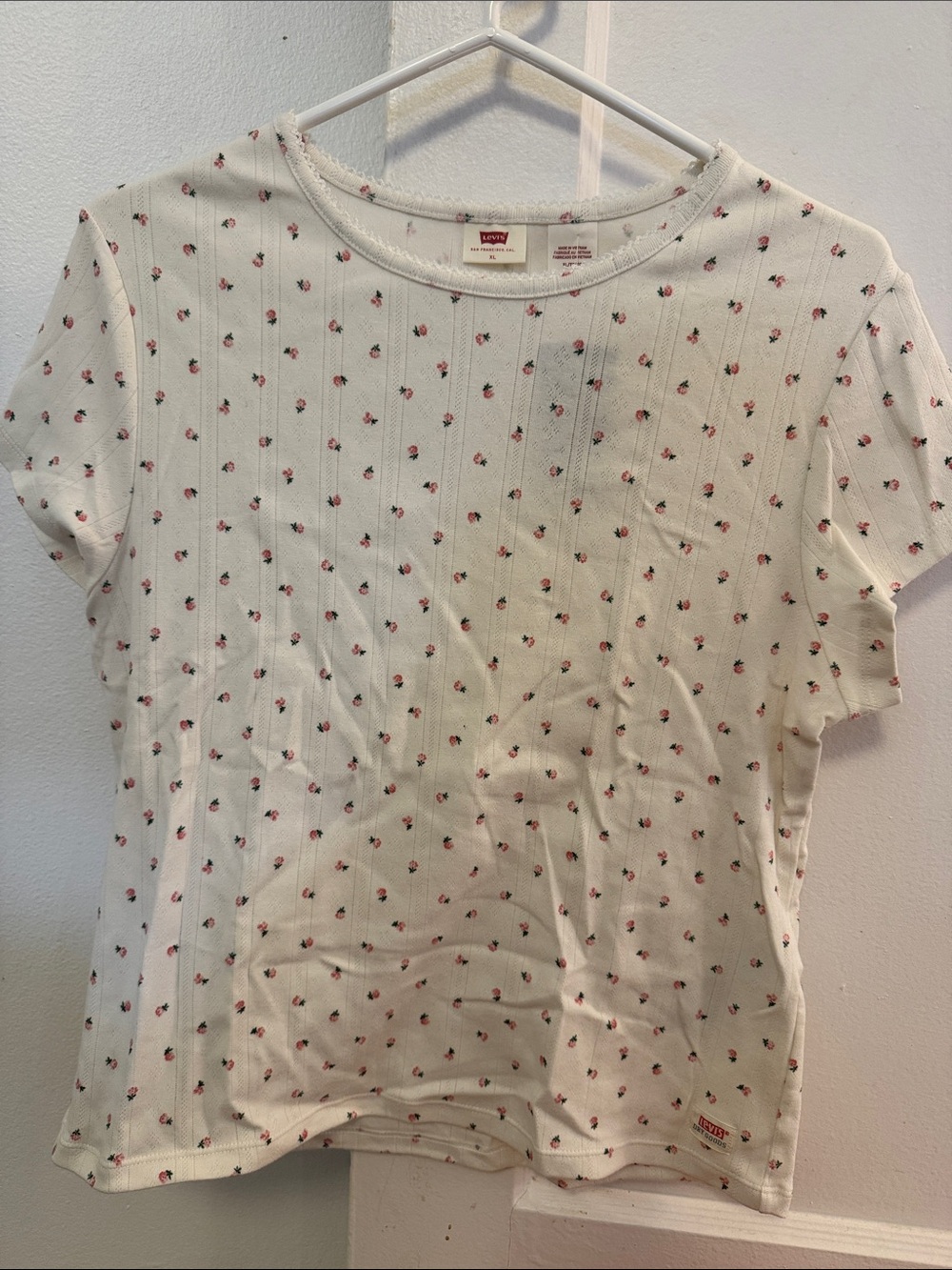 Levi's Cream Pointelle Tee with Pink & Green Rose Print